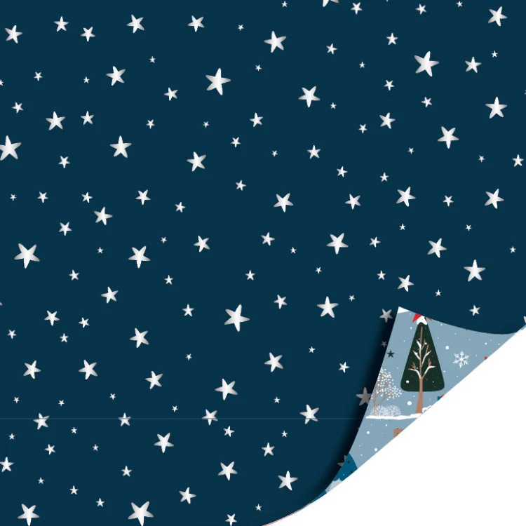 Inpakpapier winter wonderland blauw, achterzijde donkerblauw met zilverkleurige sterren