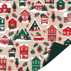 Dubbelzijdig inpakpapier winter houses, voorzijde met besneeuwde huisjes en kerstbomen op beige