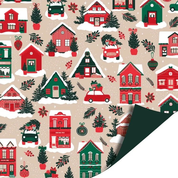 Dubbelzijdig inpakpapier winter houses, voorzijde met besneeuwde huisjes en kerstbomen op beige