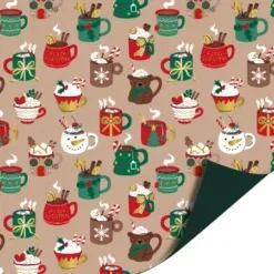 Dubbelzijdig inpakpapier xmas mugs, voorzijde met kerstmokken vol chocolademelk op beige