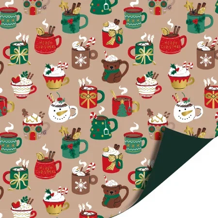Dubbelzijdig inpakpapier xmas mugs, voorzijde met kerstmokken vol chocolademelk op beige