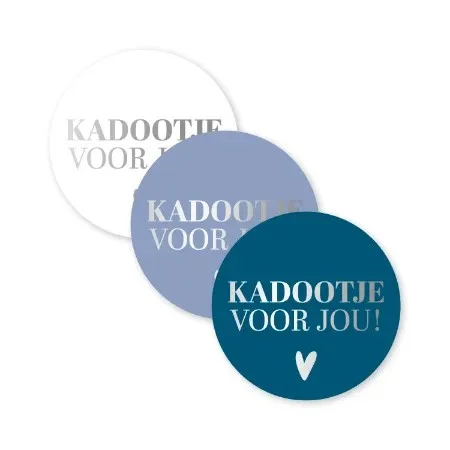 Kadostickers kadootje voor jou in zilver en blauw, set van 3 ronde stickers
