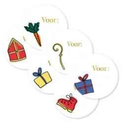 Kadostickers Sinterklaas voor: met mijter, wortel, staf, schoen en kadootjes, 6 stuks