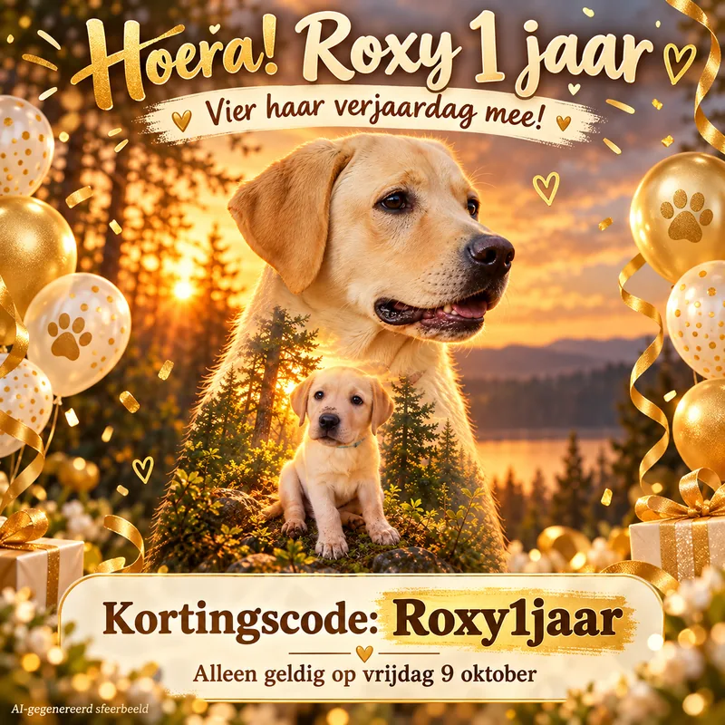 Roxy 1 jaar, kortingscode Roxy1jaar, verjaardag kantoorhond Creatief en Kado